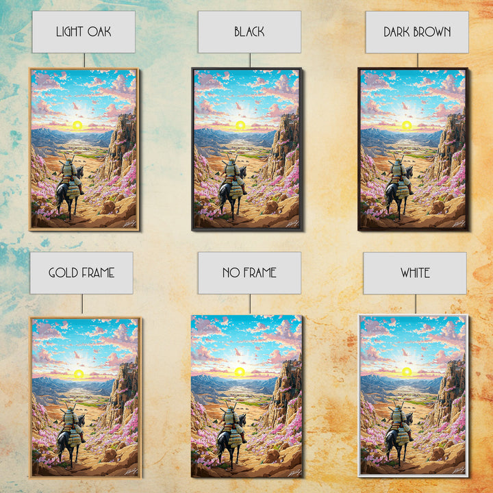 Armored Samurai Horse In Desert Canyon Sunrise Framed Canvas Print, Japanese Western Wall Art, Mountain Landscape Home Decor