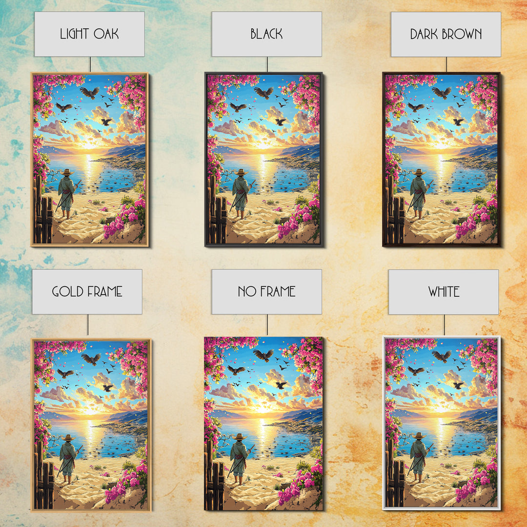 Samurai On Sunny Flower Framed Beach Canvas Print, Coastal Wall Art, Tropical Sunset Poster, Beach House Living Room Decor