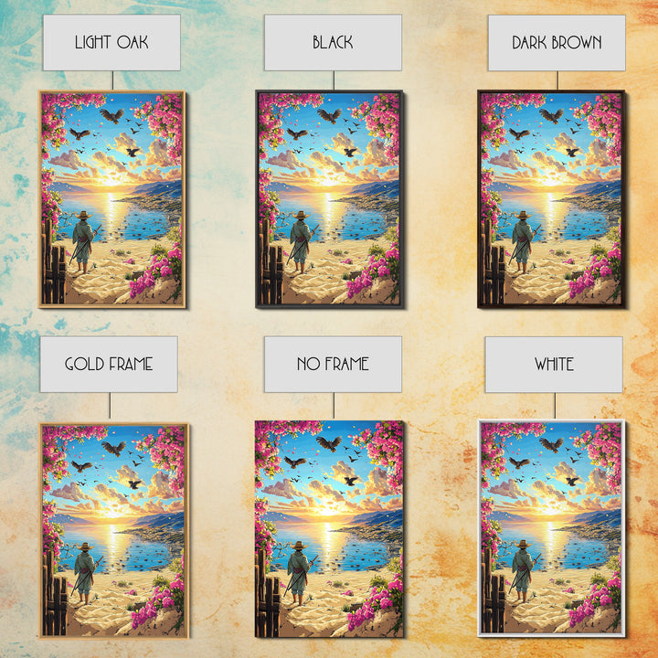 Samurai On Sunny Flower Framed Beach Canvas Print, Coastal Wall Art, Tropical Sunset Poster, Beach House Living Room Decor