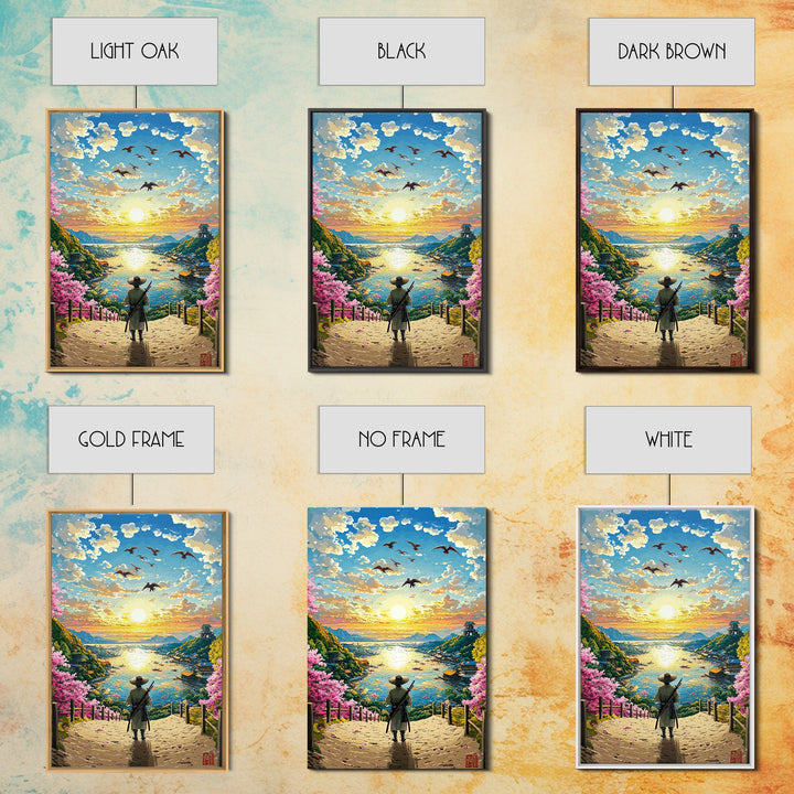 Samurai Overlooking Golden Coastal Village Wall Art, Japanese Seascape Print, Cherry Blossom Decor, Serene Living Room Art