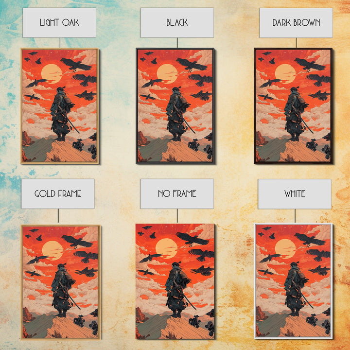 Armored Samurai Beneath Red Sunset And Ravens Canvas Print, Japanese Warrior Wall Art, Desert Fantasy Poster, Office Decor
