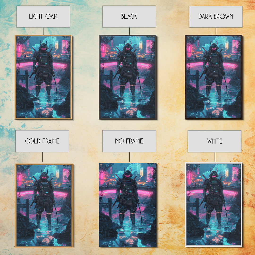 Neon Cyberpunk Samurai In Rain Wall Art, Futuristic City Canvas Print, Japanese Warrior Gaming Room Decor Gift For Him Poster