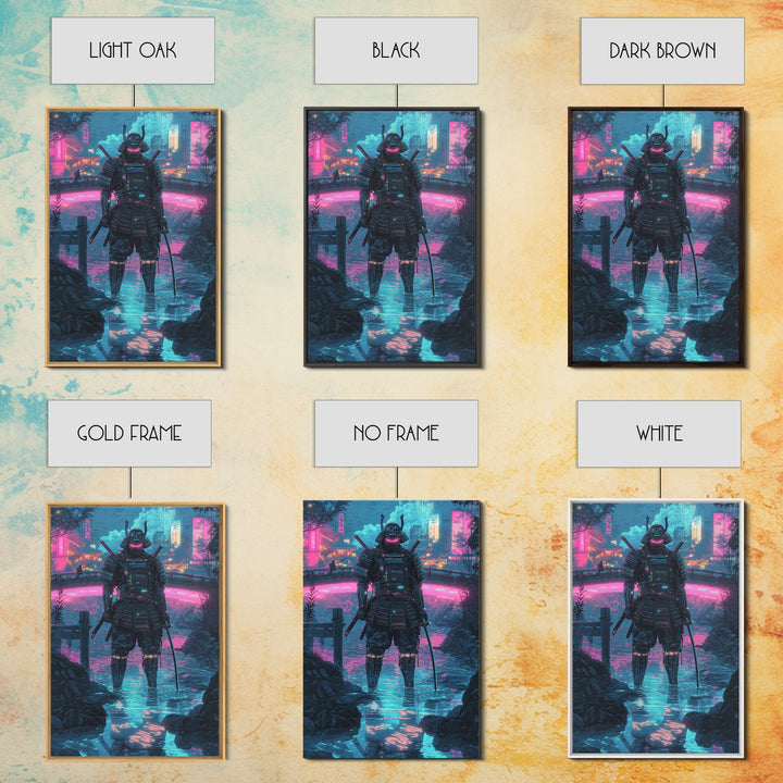 Neon Cyberpunk Samurai In Rain Wall Art, Futuristic City Canvas Print, Japanese Warrior Gaming Room Decor Gift For Him Poster