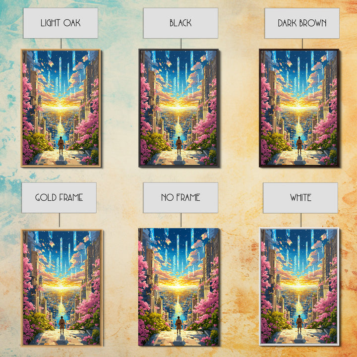 Futuristic City Sunset Vista Wall Art, Cherry Blossom Sci Fi Canvas Print, Vibrant Anime Landscape Living Room Decor Gift