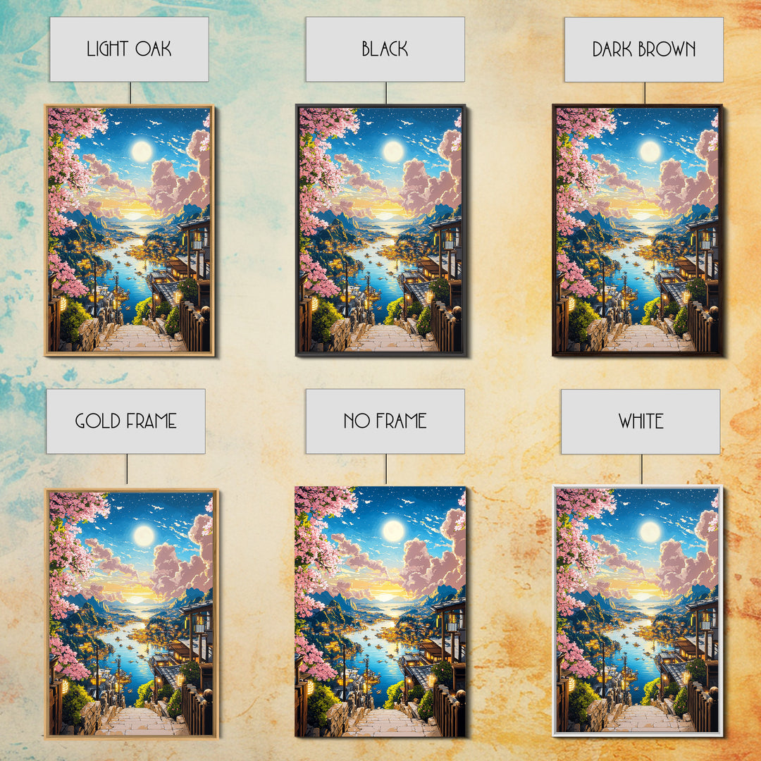 Moonlit Harbor Steps With Cherry Blossoms Wall Art, Japanese Coastal Landscape, Fantasy Seascape Print, Living Room Decor