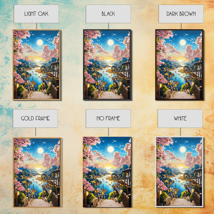 Moonlit Harbor Steps With Cherry Blossoms Wall Art, Japanese Coastal Landscape, Fantasy Seascape Print, Living Room Decor
