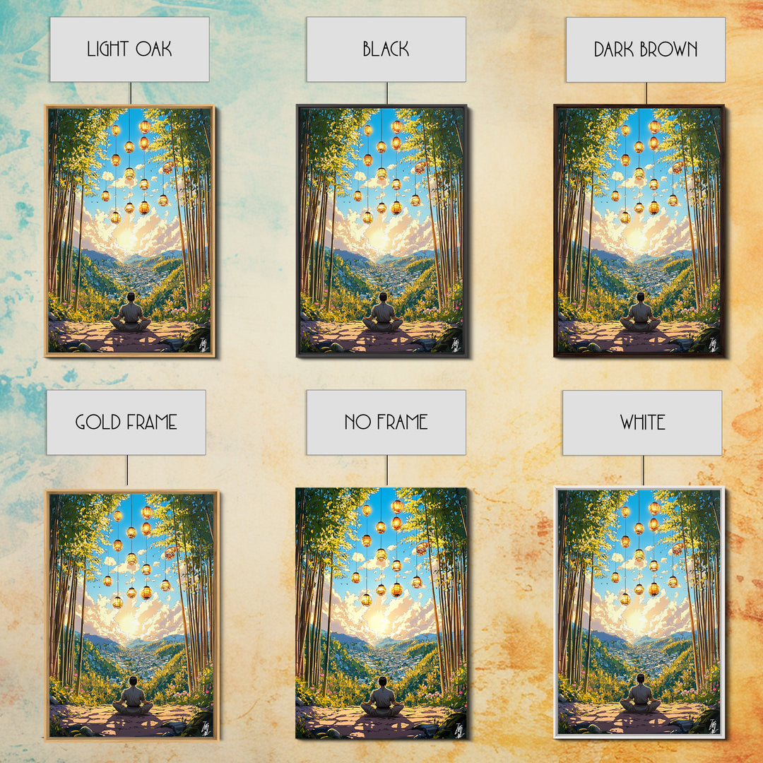Meditating Figure In Bamboo Valley With Lanterns Wall Art, Zen Landscape Canvas, Japandi Decor, Calm Meditation Room Art