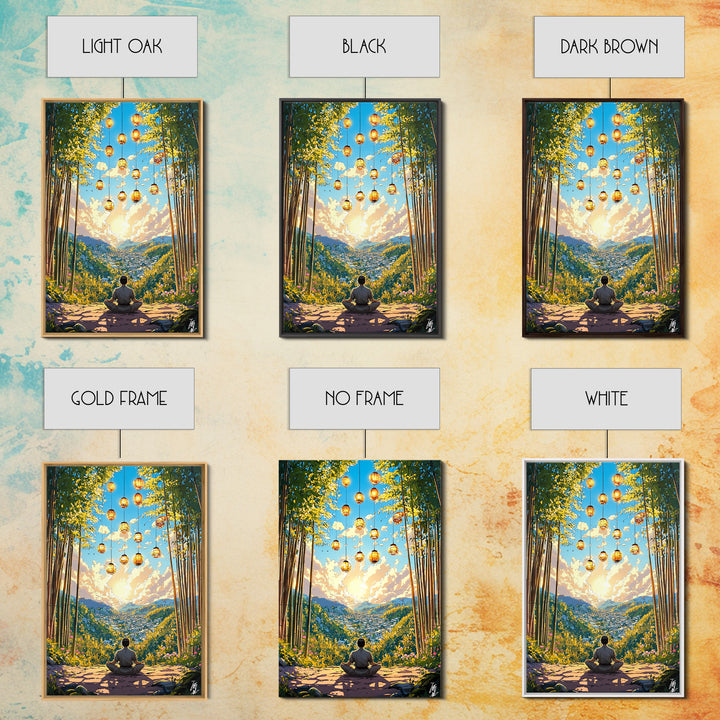 Meditating Figure In Bamboo Valley With Lanterns Wall Art, Zen Landscape Canvas, Japandi Decor, Calm Meditation Room Art