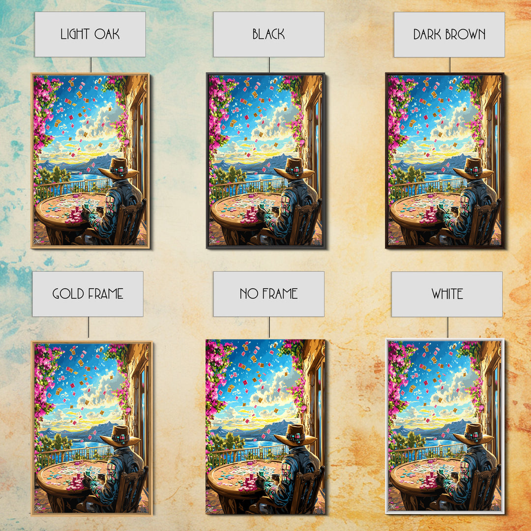 Cyber Cowboy Poker Terrace Wall Art, Southwestern Desert Canvas Print, Futuristic Western Decor, Game Room Unique Gift For Him