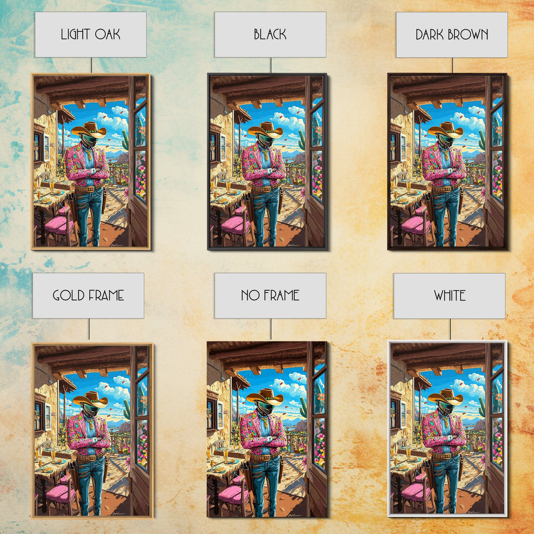 Floral Jacket Cyber Cowboy Portrait Wall Art, Futuristic Western Canvas Print, Desert Fashion Poster, Bold Maximalist Decor