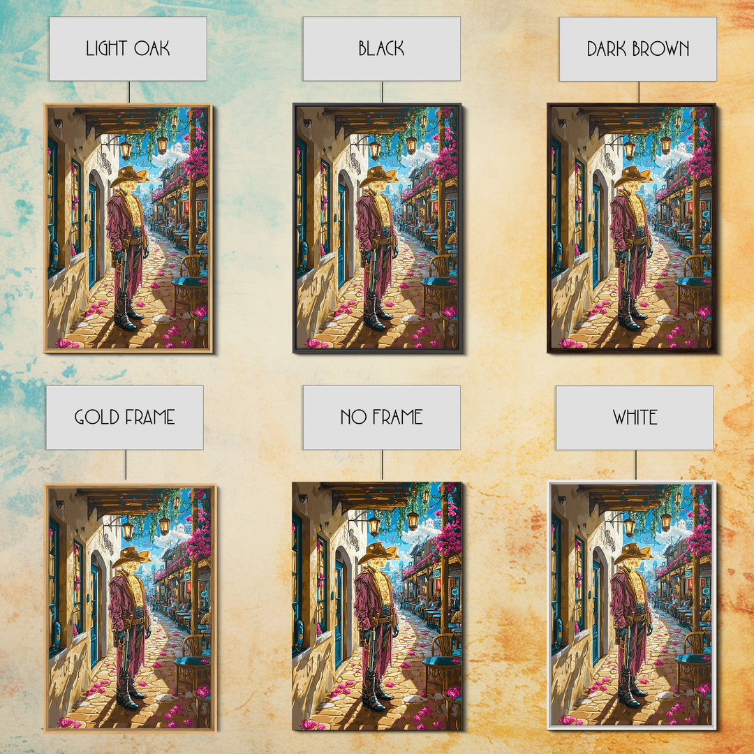 Cyber Western Cowboy In Sunlit Old Town Wall Art, Southwestern Travel Poster, Futuristic Canvas Print, Eclectic Home Decor