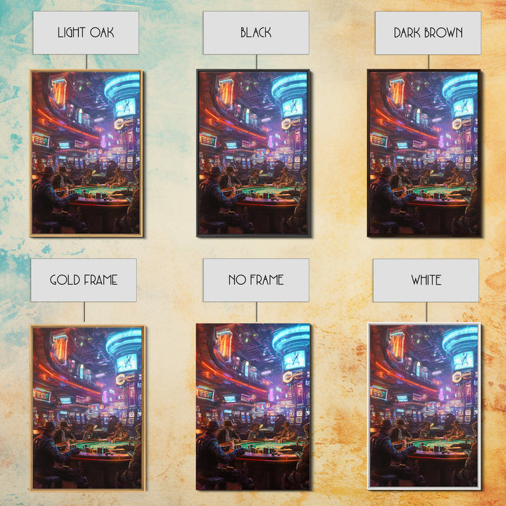Neon Cyberpunk Poker Room With Outlaws Canvas Print, Futuristic Wall Art, Casino Poster, Man Cave And Game Room Decor For Him Gift