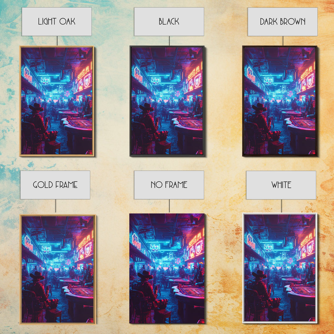 Blue Pink Neon Western Casino Bar Wall Art, Cyberpunk Poster, Futuristic Gaming Room Decor, Man Cave Gift For Him, Trendy Sci Fi Home Decor