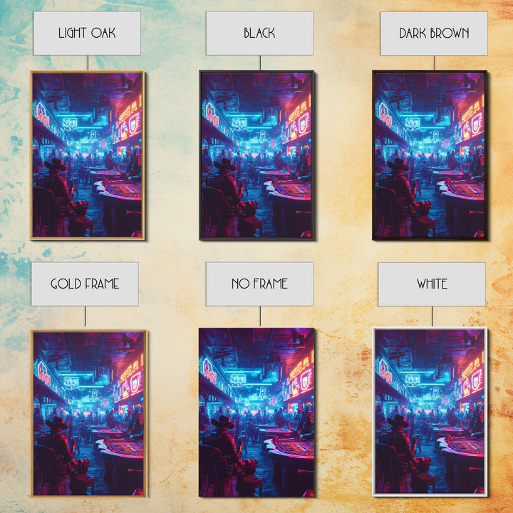 Blue Pink Neon Western Casino Bar Wall Art, Cyberpunk Poster, Futuristic Gaming Room Decor, Man Cave Gift For Him, Trendy Sci Fi Home Decor