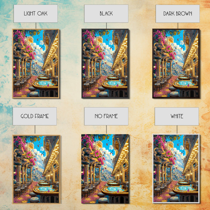 Futuristic Flower Lined Casino Street Canvas Print, Colorful Wall Art, Sci Fi City Travel Poster, Modern Living Room Decor