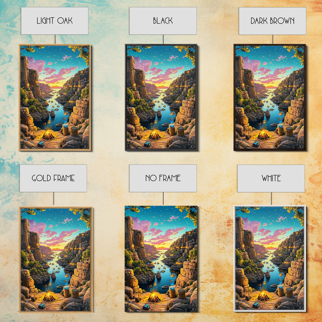 Starry Canyon River Camp At Sunset Canvas Print, Fantasy Wall Art, Adventure Landscape, Rustic Cabin And Game Room Decor