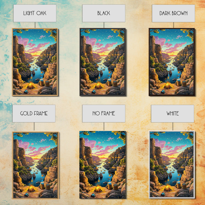 Starry Canyon River Camp At Sunset Canvas Print, Fantasy Wall Art, Adventure Landscape, Rustic Cabin And Game Room Decor