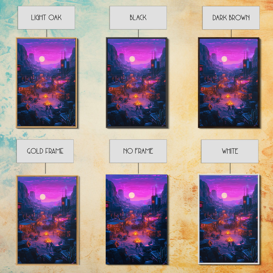 Purple Moon Cyberpunk Desert Settlement Wall Art, Sci Fi Western Poster, Dystopian Landscape, Gaming Room Decor Gift For Him