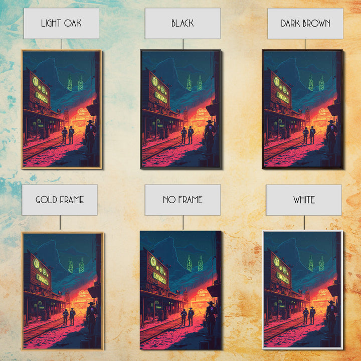 Neon Frontier Street With Cowboys Canvas Print, Cyberpunk Western Wall Art, Sci Fi Poster, Man Cave Gaming Room Decor Gift For Him
