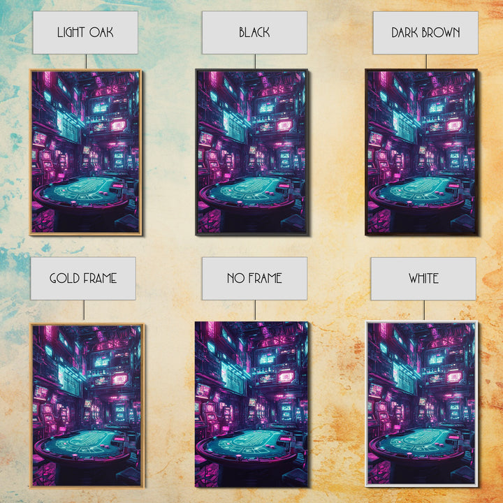 Cyberpunk Neon Casino Poker Room Wall Art, Futuristic Gaming Room Decor, Sci Fi Poster, Vaporwave Home Decor Print For Man Cave