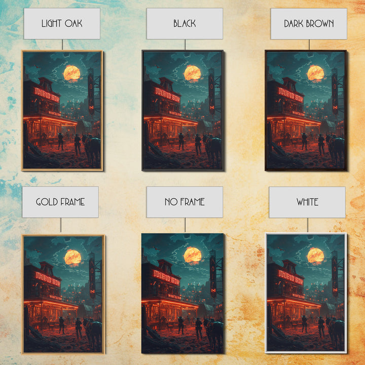 Dark Western Saloon Moon Wall Art, Moody Cowboy Canvas Print, Gothic Rustic Decor, Southwestern Poster For Man Cave Living Room Decor