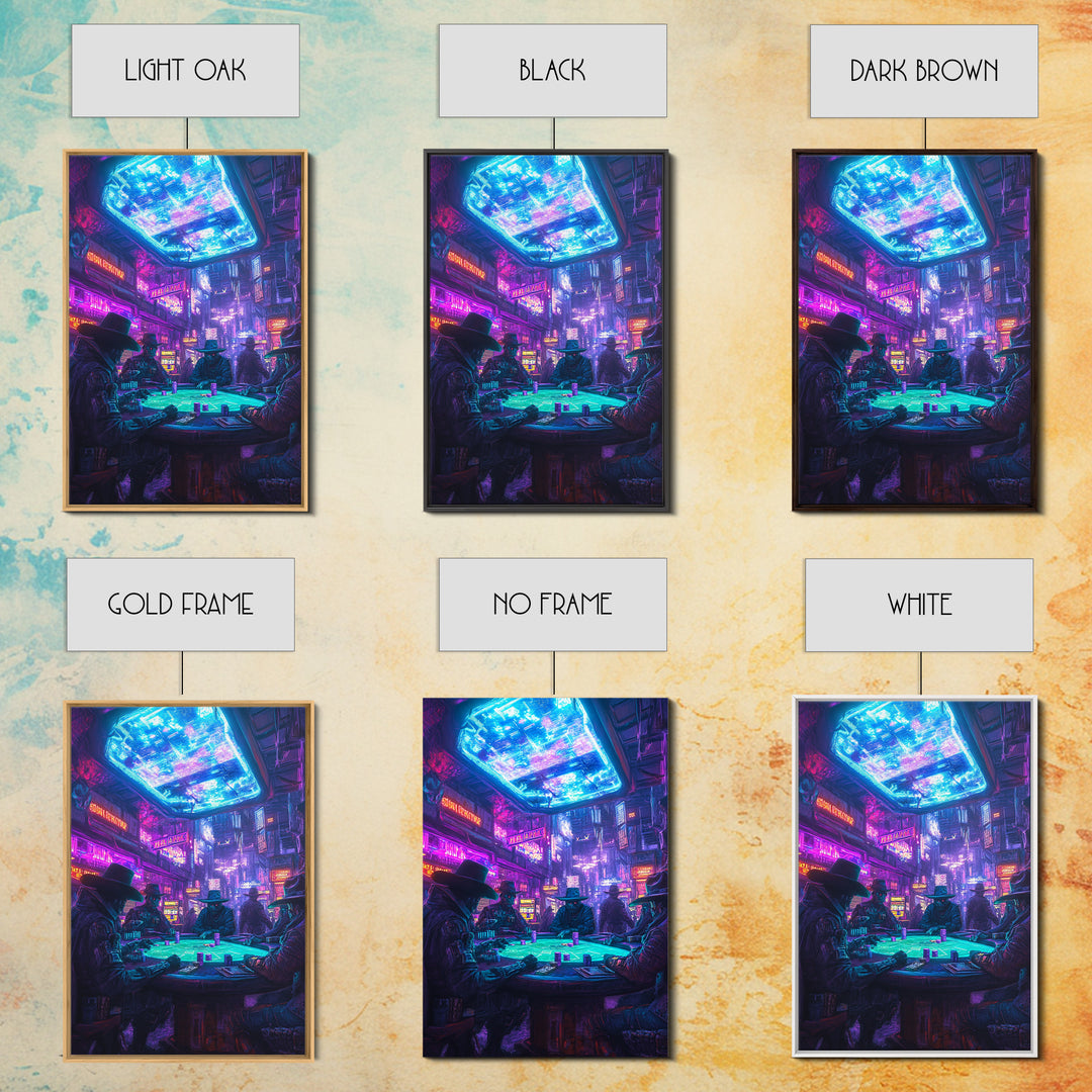 Cyberpunk Western Poker Game Wall Art, Neon Cowboy Canvas Print, Sci Fi Saloon Decor, Futuristic Man Cave Poster For Gaming Room Decor