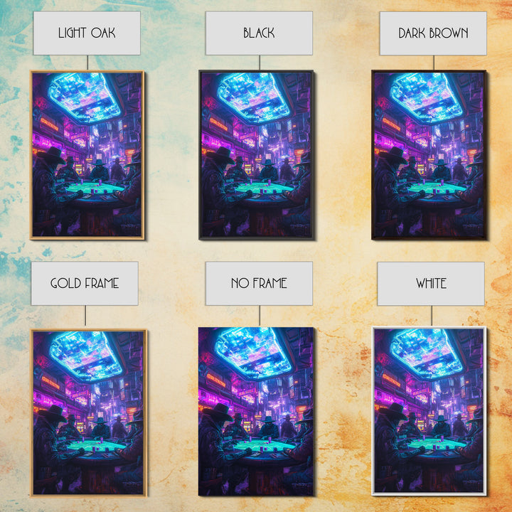 Cyberpunk Western Poker Game Wall Art, Neon Cowboy Canvas Print, Sci Fi Saloon Decor, Futuristic Man Cave Poster For Gaming Room Decor