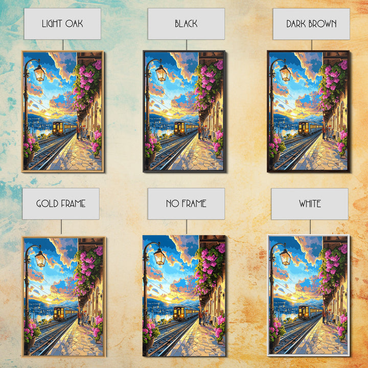Coastal Sunset Train By Flowered Balcony Canvas Print, Mediterranean Wall Art, Travel Poster, Living Room Decor, Gift For Her