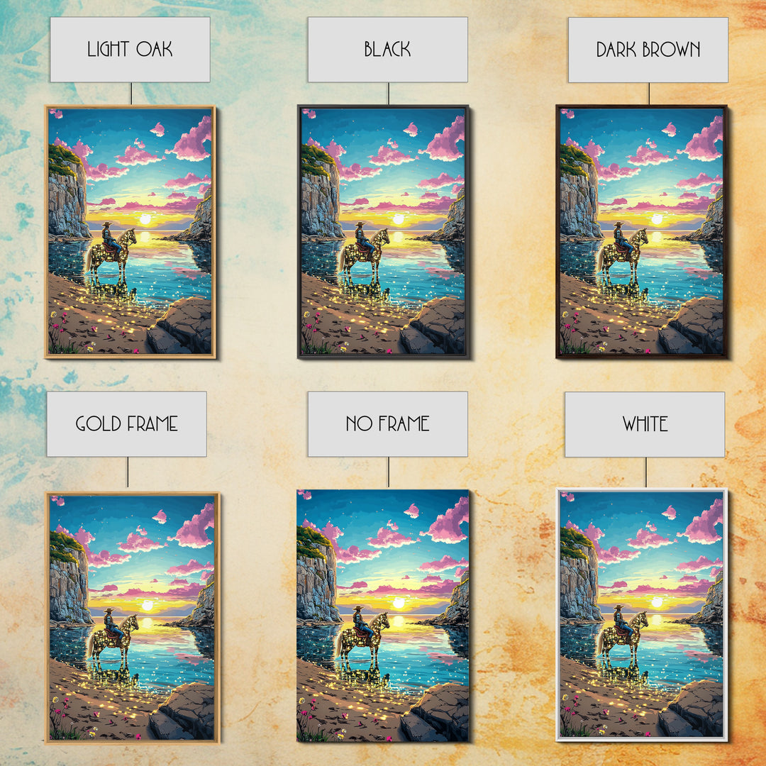 Glowing Cowgirl Horse On Sunset Cove Canvas Print, Western Wall Art, Coastal Decor, Romantic Bedroom Art, Unique Gift For Her