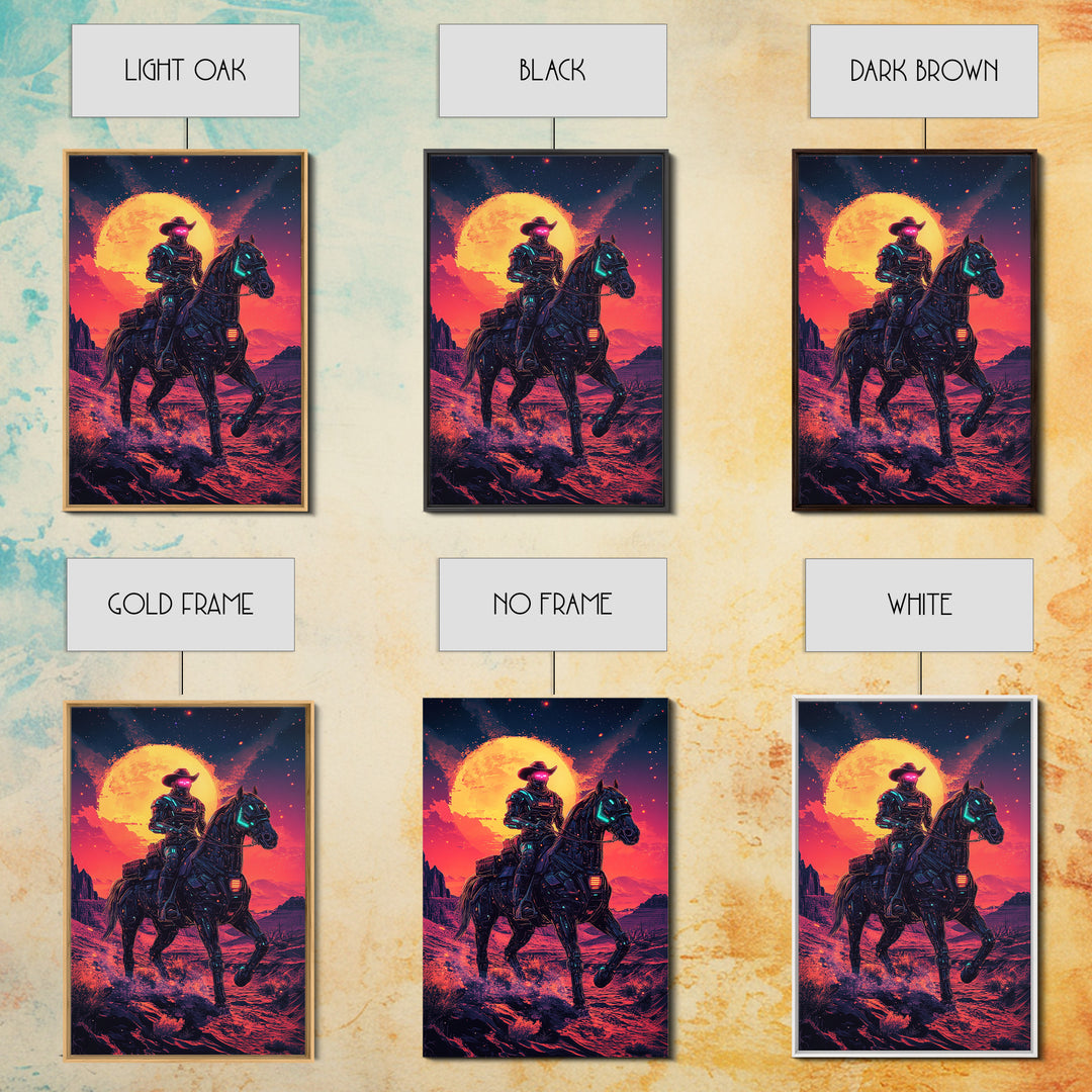 Cyberpunk Cowboy On Robotic Horse Canvas Print, Neon Western Wall Art, Futuristic Desert Decor, Sci Fi Poster, Gift For Him