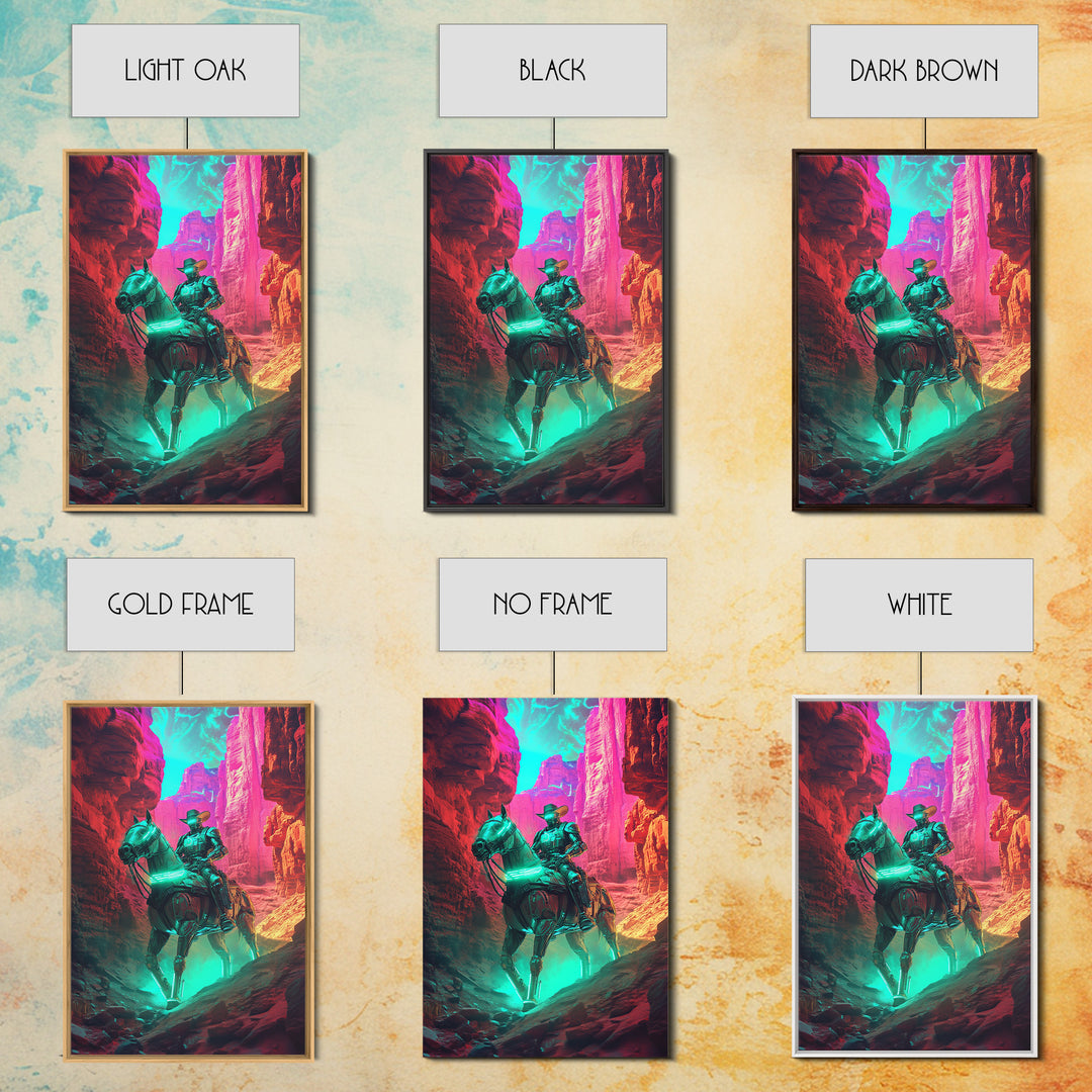 Neon Robot Cowboy In Red Desert Canyon Canvas Print, Cyberpunk Western Wall Decor, Futuristic Sci Fi Gaming Room Wall Decor