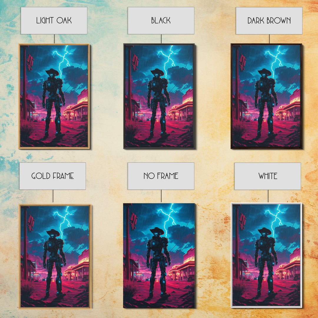 Robot Cowboy In Neon Storm Western Town Wall Art, Cyberpunk Sci Fi Poster, Futuristic Gaming Room Decor, Man Cave Gift For Him