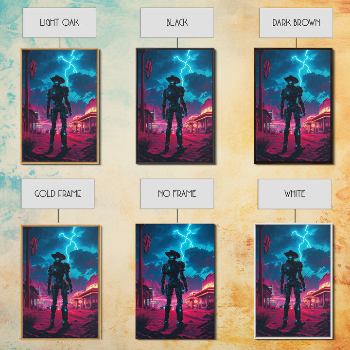 Robot Cowboy In Neon Storm Western Town Wall Art, Cyberpunk Sci Fi Poster, Futuristic Gaming Room Decor, Man Cave Gift For Him