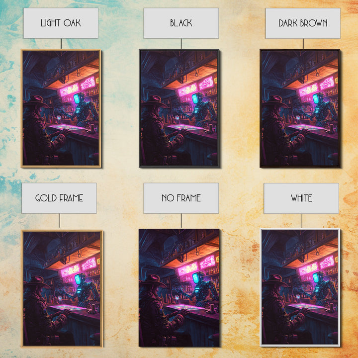 Neon Robot Bartender And Cyber Cowboy Saloon Wall Art, Futuristic Western Canvas Print, Sci Fi Bar Decor, Man Cave Gift Idea