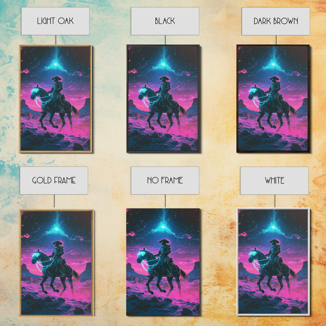 Neon Cosmic Cowboy On Glowing Horse Wall Art, Futuristic Western Desert Canvas Print, Sci Fi Space Decor For Gamers Gift