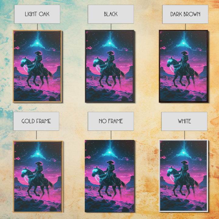 Neon Cosmic Cowboy On Glowing Horse Wall Art, Futuristic Western Desert Canvas Print, Sci Fi Space Decor For Gamers Gift