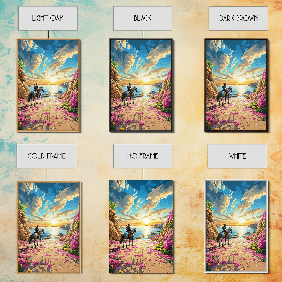 Western Rider On Coastal Flower Path Wall Art, Sunset Seascape Landscape Framed Canvas Print, Beach House Decor Gift Idea