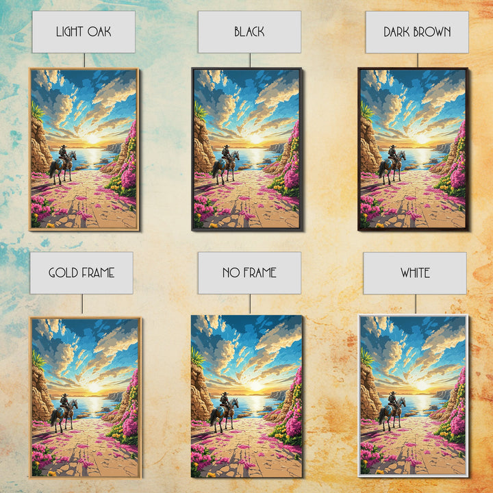 Western Rider On Coastal Flower Path Wall Art, Sunset Seascape Landscape Framed Canvas Print, Beach House Decor Gift Idea