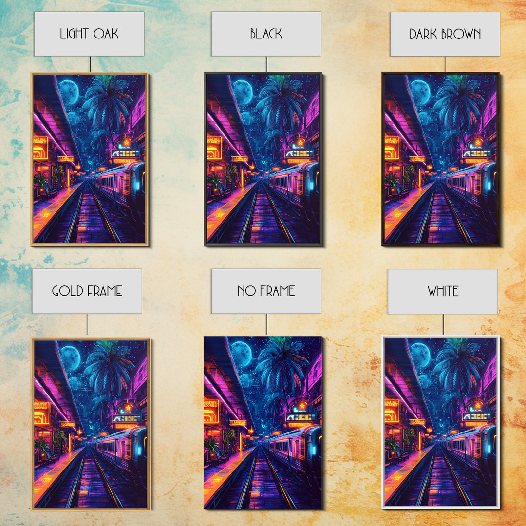 Neon Tropical Cyberpunk Train Wall Art, Futuristic Cityscape Art, Vaporwave Decor, Gaming Room Art, Large Sci Fi Canvas Print
