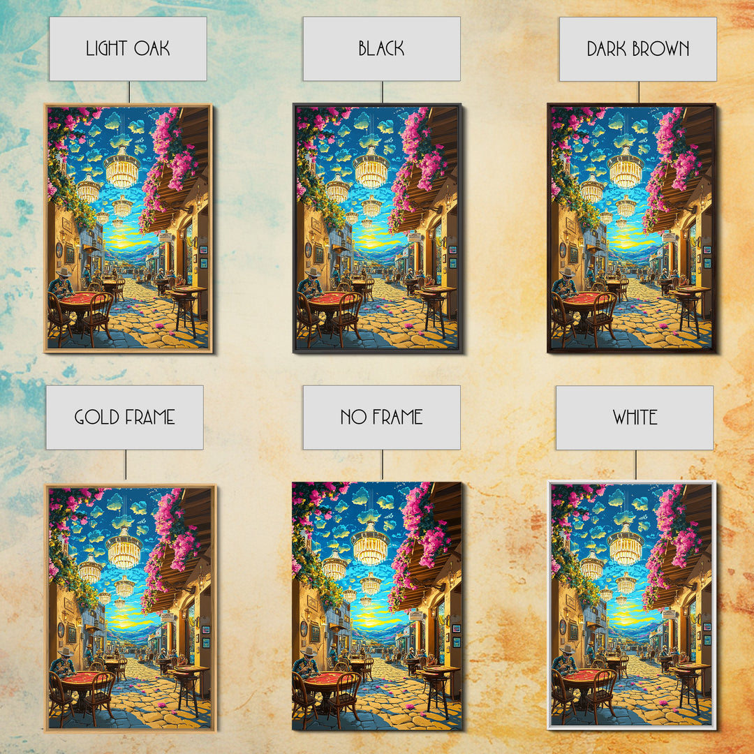 Chandelier Lit Mediterranean Cafe Wall Art, Colorful Travel Poster, Coastal Decor, Dining Room Print, Framed Canvas Print