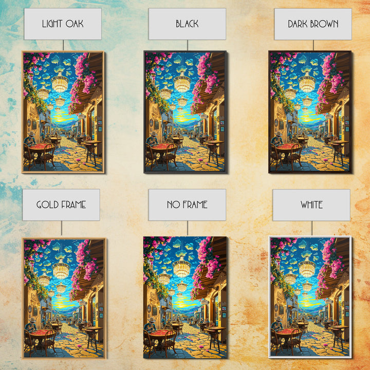 Chandelier Lit Mediterranean Cafe Wall Art, Colorful Travel Poster, Coastal Decor, Dining Room Print, Framed Canvas Print