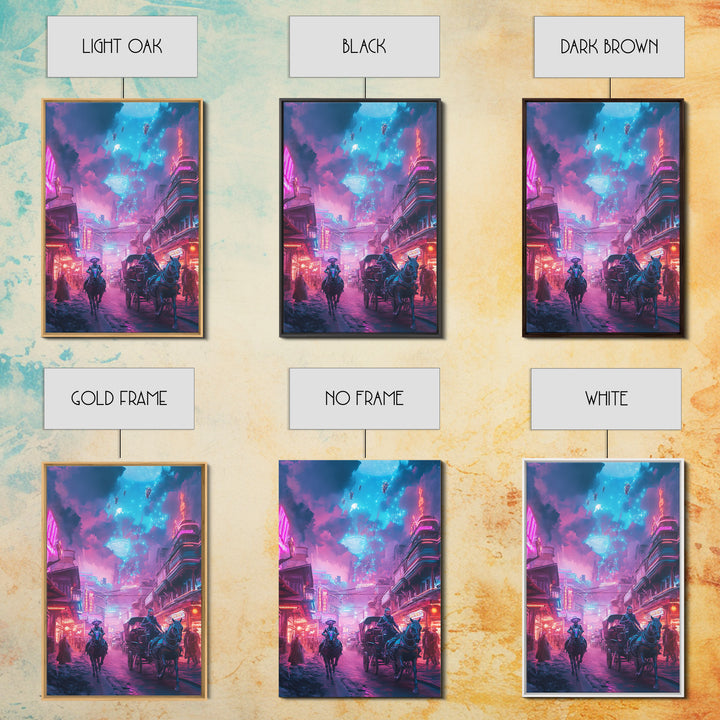 Neon Cyberpunk Horseback City Under Cosmic Sky Wall Art, Futuristic Sci Fi Poster, Gaming Room Decor, Vaporwave Home Decor