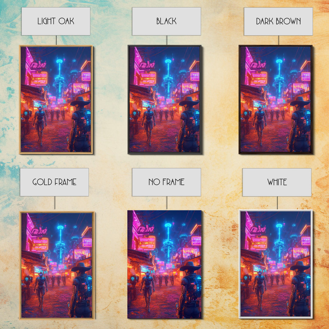 Neon Cyberpunk Cowboy And Robot City Canvas Print, Futuristic Wall Art, Sci Fi Poster, Gaming Room Decor, Vaporwave Gift