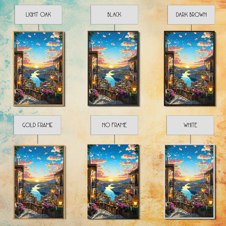 Romantic Sunset River City Balcony With Flowers Wall Art, Mediterranean Travel Poster, Coastal Home Decor, Colorful Art Print