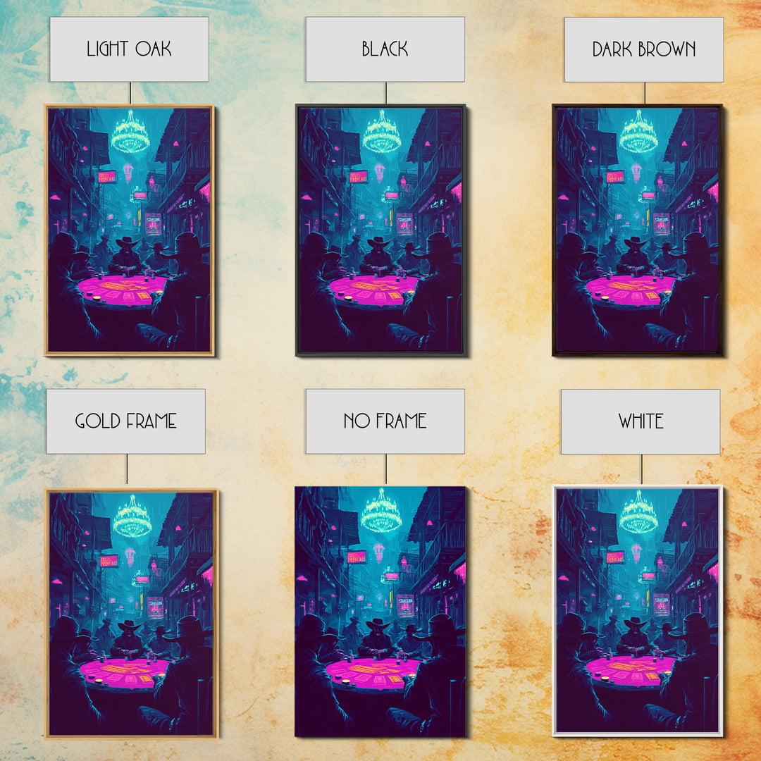 Neon Cyberpunk Poker Game With Cowboys Framed Canvas Print, Western Wall Art, Man Cave Decor, Gaming Room Poster Gift For Him