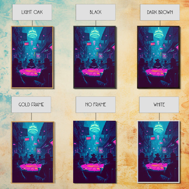 Neon Cyberpunk Poker Game With Cowboys Framed Canvas Print, Western Wall Art, Man Cave Decor, Gaming Room Poster Gift For Him