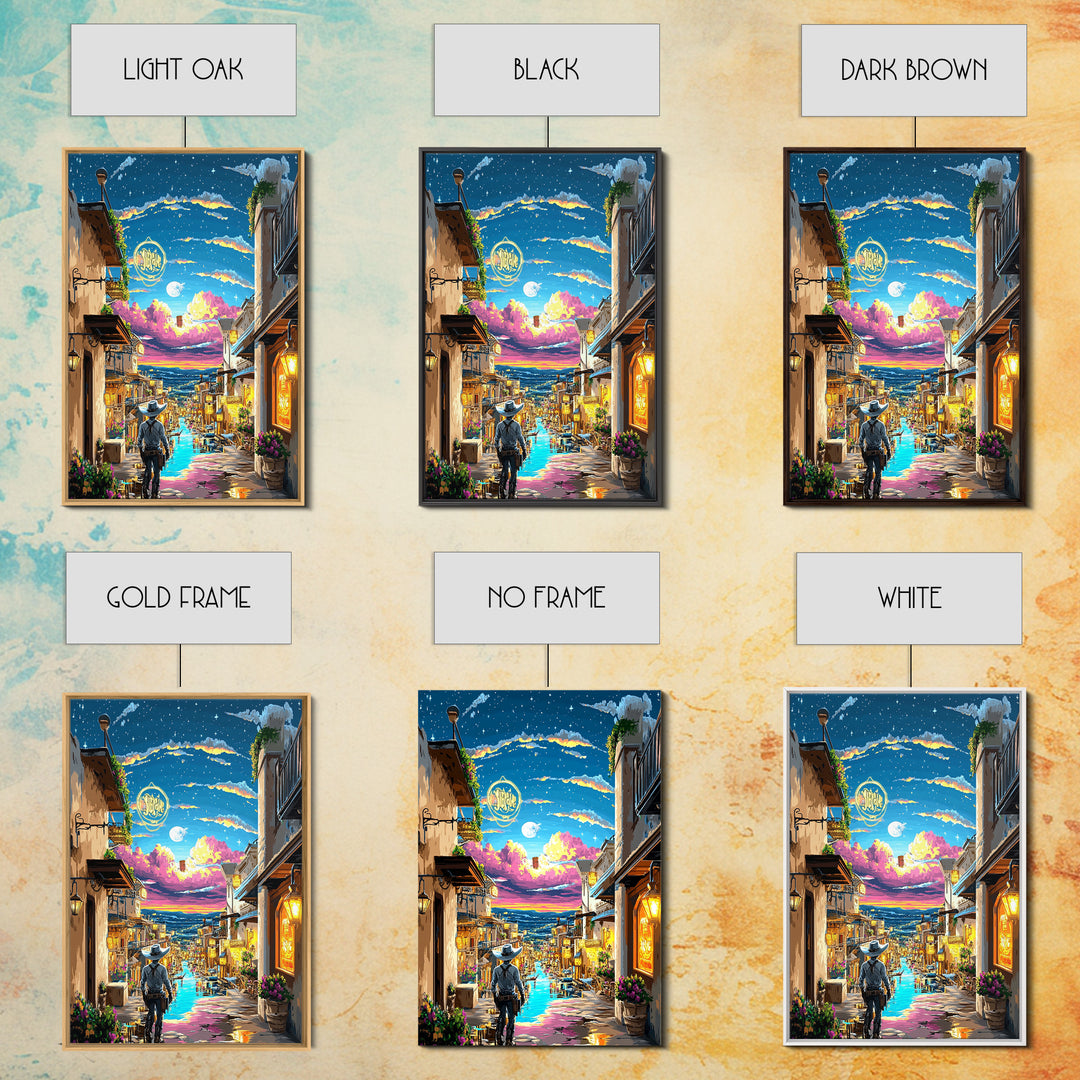 Moonlit Cowboy Canal Street Canvas Print, Western Wall Art, Neon Cityscape, Whimsical Travel Poster, Gift For Him, Living Room Decor