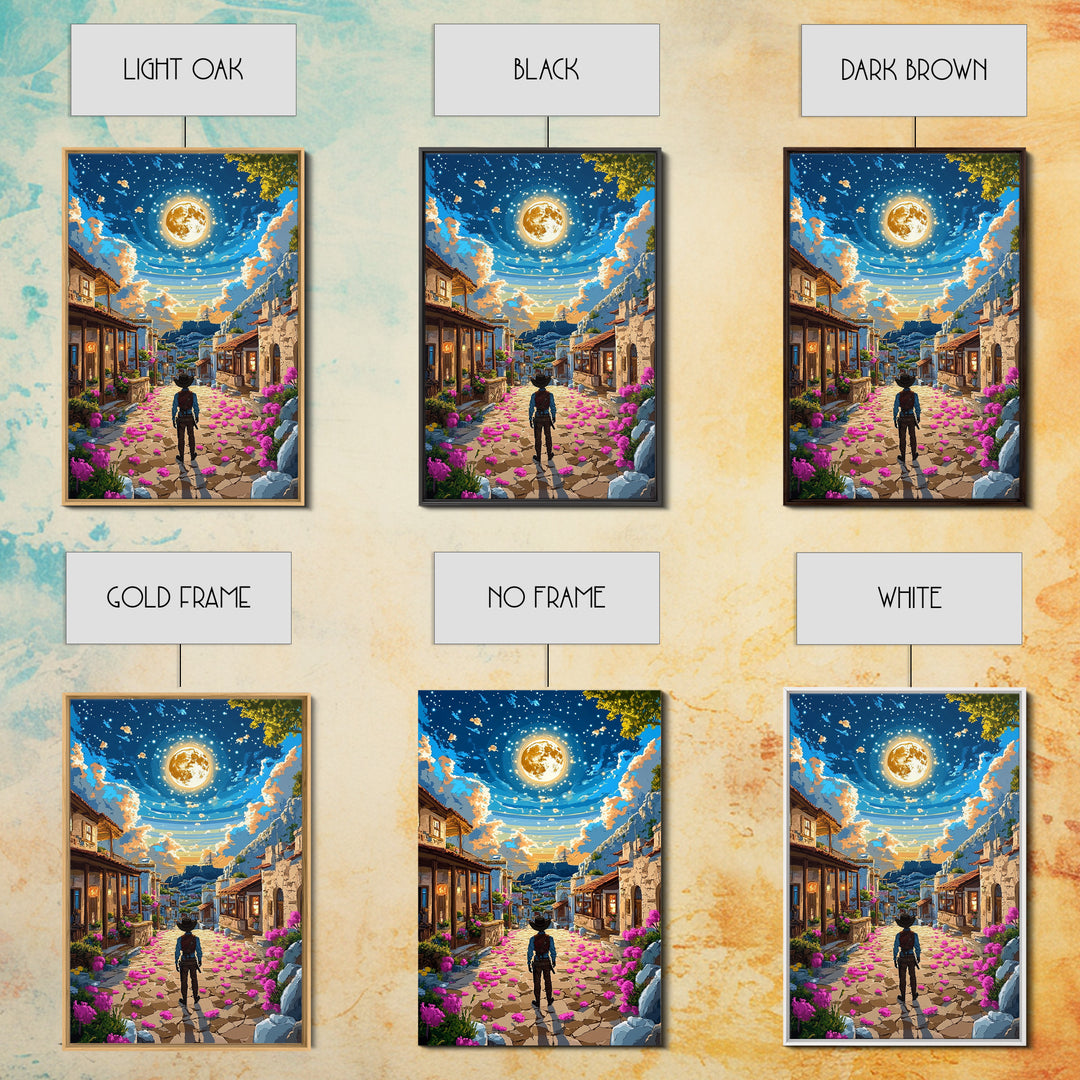 Golden Full Moon Village Path Canvas Print, Celestial Wall Art, Mediterranean Night Sky, Whimsical Bedroom Decor, Moon Art Print