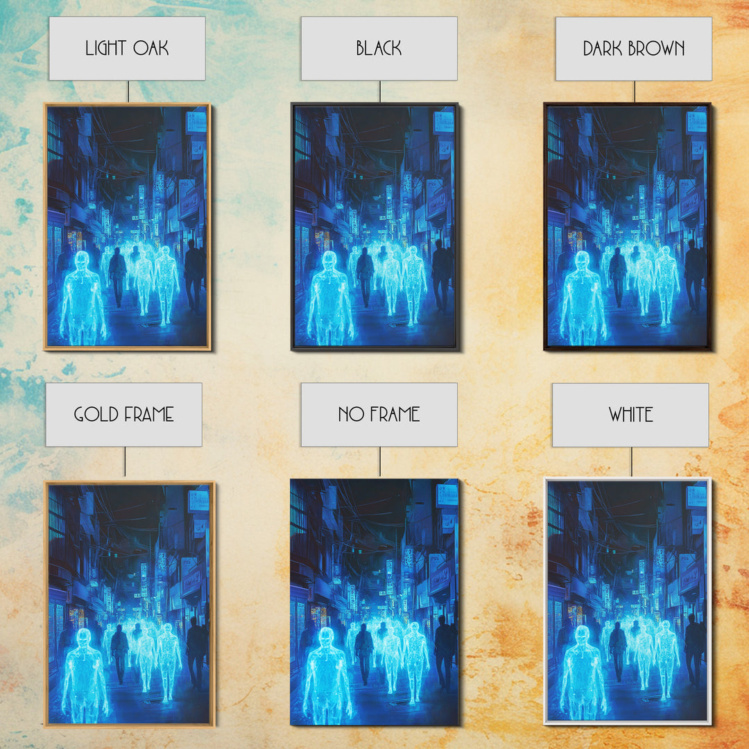 Blue Hologram Figures In Cyberpunk Alley Framed Canvas Print, Neon Wall Art, Sci Fi Cityscape, Gaming Room Decor, Futuristic Decor