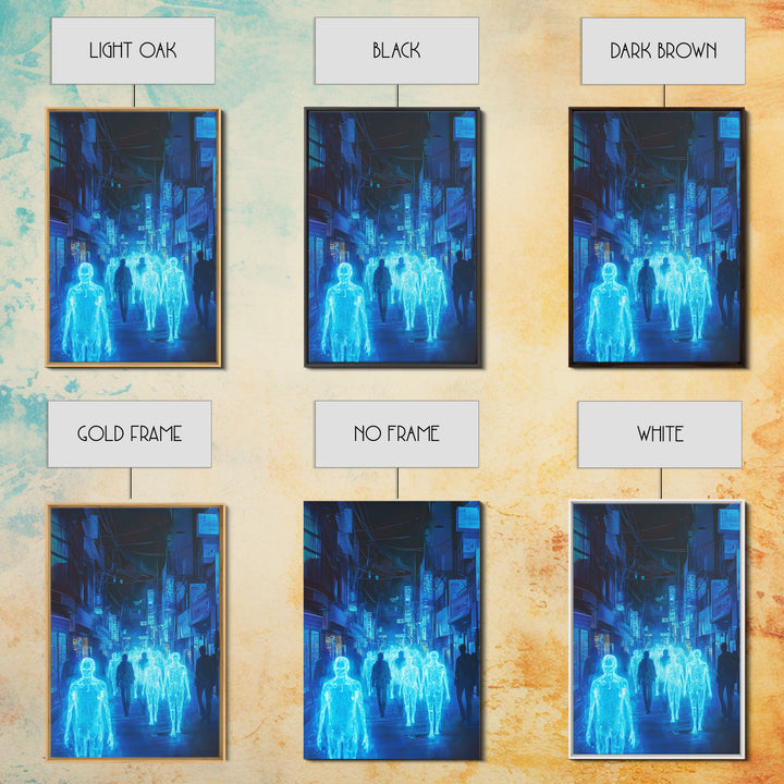Blue Hologram Figures In Cyberpunk Alley Framed Canvas Print, Neon Wall Art, Sci Fi Cityscape, Gaming Room Decor, Futuristic Decor